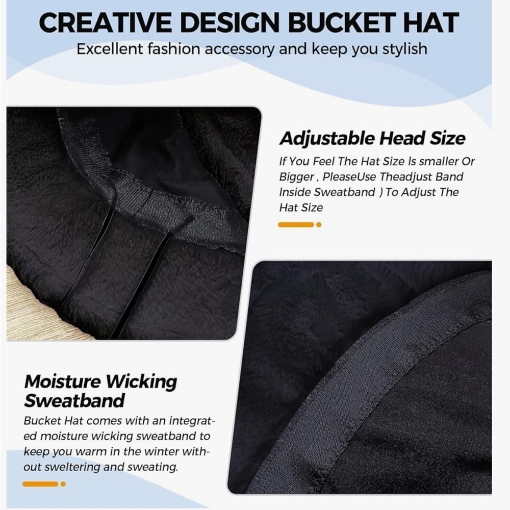Faux Fur Furry Bucket Hat Winter Warm Unisex Adjustable Lightweight Black - Picture 2 of 7